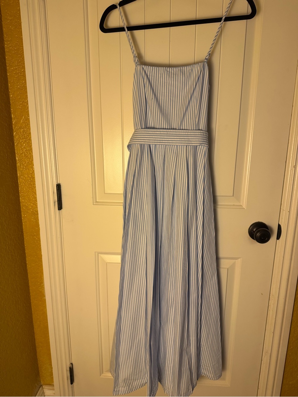 Blue and White Striped Maxi Dress with Belt and Spaghetti Straps